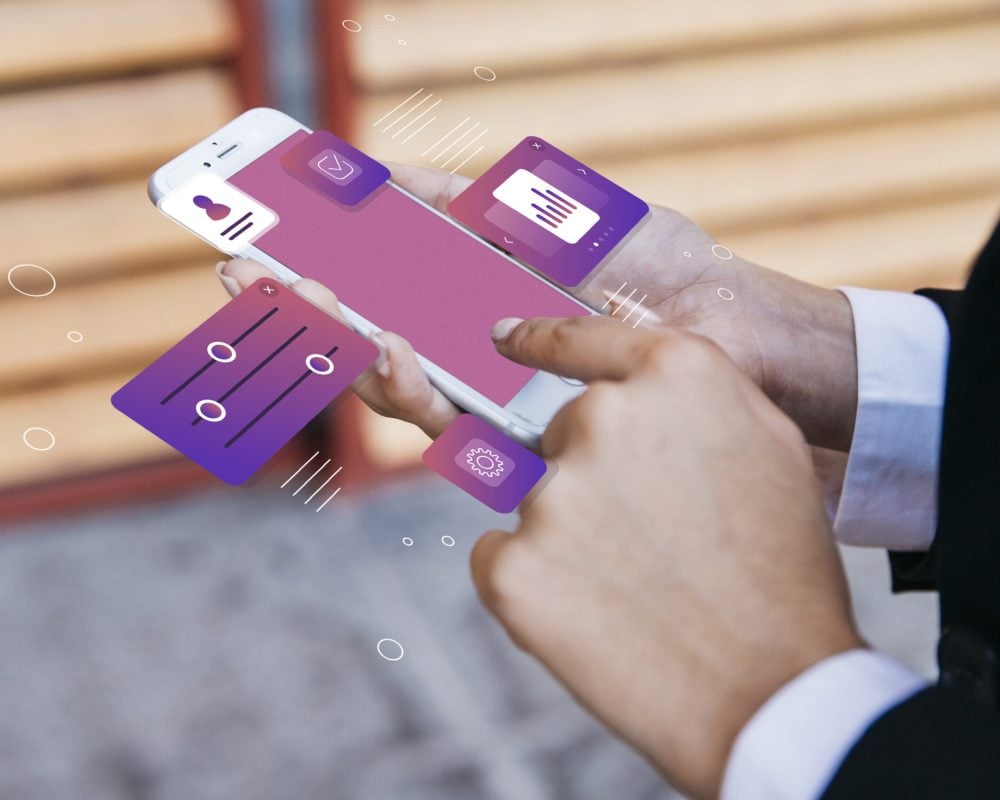 Smartphone screen showing a stylized representation of user experience (UX) and user interface (UI) design elements, with icons and interface components illustrating mobile app interface design concepts.